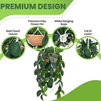 Hanging Plants Artificial Decor, Fake Hanging Plant in Clay Pot Artificial Hanging Plants with Fake Leaves and Hook for Wall Home Room Indoor Outdoor Décor (Dark Green)