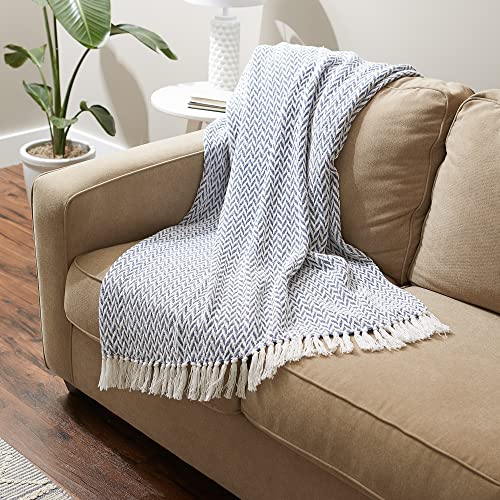 DII Modern Zig Zag Throw Blanket Woven Cotton, Hand-Knotted 2.5" Fringe, 50x60, Stonewash Blue - color: Stonewash Blue, size: 50x60"