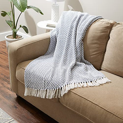 DII Modern Zig Zag Throw Blanket Woven Cotton, Hand-Knotted 2.5" Fringe, 50x60, Stonewash Blue - color: Stonewash Blue, size: 50x60"