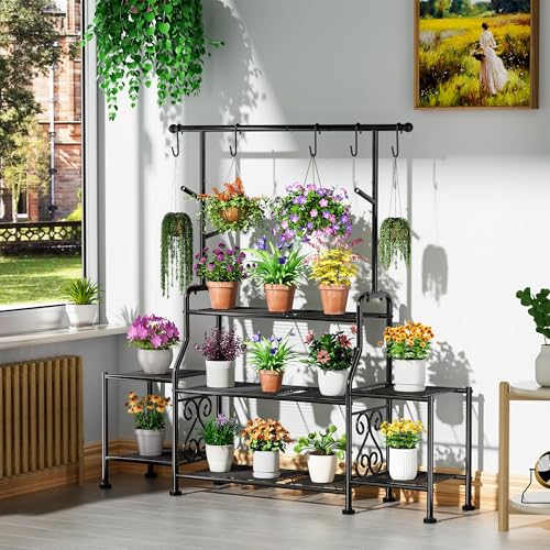 GIOTORENT 3-Tier Tall Metal Plant Stand Indoor Outdoor - Heavy Duty Plant Shelf for Garden, Patio, Balcony with 5 Hanging Hooks, Holds 16-25 Plants, Black - size: D-3Tier-Longer