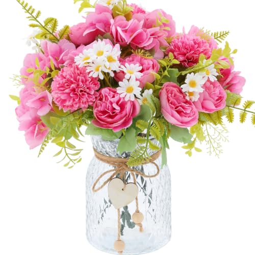 Kimura's Cabin Artificial Flowers with Vase Rose Red Peony in Glass Vase | fake flowers in vase,Home Table Centerpiece,Office Arrangement, Living Room floral,Farmhouse Bathroom Plant Decor - color: Rose Red