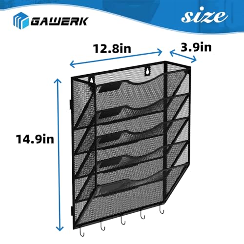 Gawerk Hanging Wall File Organizer with 5 Hooks - Wall Mounted Mail Paper Document Folder Holder, Sturdy Mesh Magazine Rack for Office Home (5 Tier) - size: 5 Tier