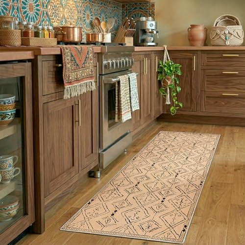 jinchan 2x6 Faux Jute Runner Rug Washable Moroccan Hallway Rug, Warm Taupe | Neutral Boho Geometric, Non-Slip Low Pile, Indoor Outdoor, High-Traffic, Kitchen, Bathroom, Laundry, Porch, Balcony, Entryway - color: Warm Taupe, size: 2' x 6' (Rectangular)