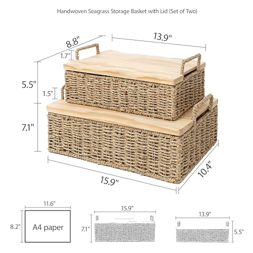 Woven Seagrass Wicker Storage Basket Set of 2 with Wooden Lids | Stackable Basket with Handles, Rectangular Decorative Basket for Shelves Home, Closet & Desktop Organization