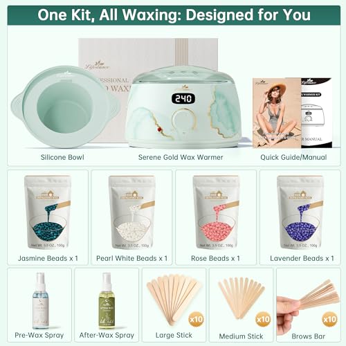 Lifestance Waxing Kit for Women & Men - L3 Serene Gold Digital Warmer, Silicone Wax Pot Liner, Hair Removal Kit with 14.1oz Hard Wax Beads & Oil Spray, Professional for Home Brazilian Bikini Face Leg - color: Chic Enhanced LCD (Serene Gold) Kit