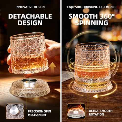 Luxury 360° Spinning Crystal Whiskey Glass Set Of 2, Rotating Old Fashioned Rocks Glasses & & 4 Color Lighting, Scotch & Bourbon, Cocktail Glasses for Bar, Party, Home, and Gift (Gemstone) - color: Gemstone