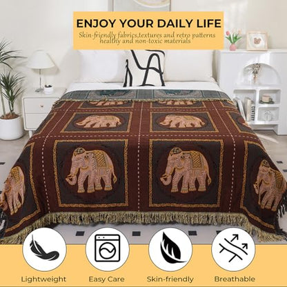 Elephant Pattern Boho Throw Blanket for Bed Couch 60"×80" Brown | 4-Layer Gauze Breathable Reversible Muslin Blanket,Soft Lightweight All Season Quilt with Fringe,Multi-purpose Blanket - color: Brown Elephant, size: 60''x80''