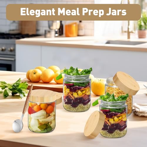 16oz Overnight Oats jars 4 Pack,Overnight Oats Containers with Bamboo Lids for Meal Prep,Wide mouth Mason Glass Salad Jars with Spoons,Glass Food Storage Container for Yogurt Chia Pudding Spice Sugar