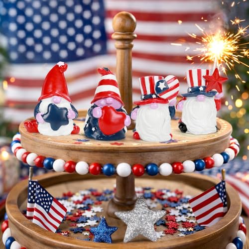 4th of July Decorations Patriotic Gnome Figurines, 4 Pcs Small Resin Gnome Statues, Red White and Blue Memorial Day Decor for Home Outdoor Garden Tiered Tray Shelf Mantel Tabletop Centerpieces
