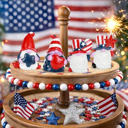 4th of July Decorations Patriotic Gnome Figurines, 4 Pcs Small Resin Gnome Statues, Red White and Blue Memorial Day Decor for Home Outdoor Garden Tiered Tray Shelf Mantel Tabletop Centerpieces