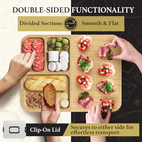 Charcuterie Board with Lid - Reversible, 2-in-1 Travel Portable Cheese Board for Picnics & Entertaining - Housewarming Gift Set Idea - Covered Snack Serving Tray - Large Food Platter - color: Natural Bamboo Wood