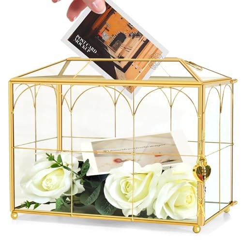 Glass Wedding Card Box with Slot, 10.2 x 5.9 x 7.9 Inches Handmade Vintage Gold Wedding Card Boxes for Reception, Keepsake, Baby Shower, Graduation, Party Decorative Box - size: 10.2 x 5.9 x 7.9 Inches with Arch