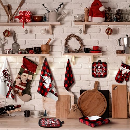 Sratte 20 Pcs Christmas Kitchen Towel Oven Mitts and Pot Holders Set Red and Black Buffalo Plaid Dish Cloths Set Heat Resistant Oven Gloves Hot Pads Reusable Dish Rags, Absorbent Towels