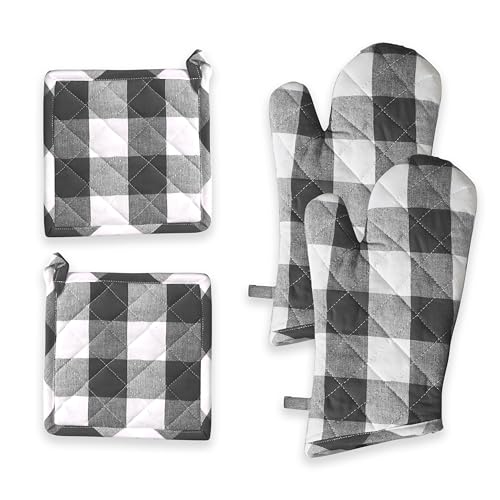 Oven Mitt & Pot Holder Buffalo Plaid Check 100% Cotton Heat Resistant Oven Gloves (7"x13") & Hot Pads (8"x8") Combo for Baking, Cooking - Grey - color: Grey Buffalo Plaid