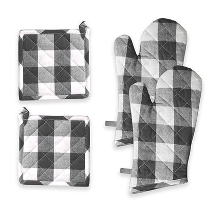 Oven Mitt & Pot Holder Buffalo Plaid Check 100% Cotton Heat Resistant Oven Gloves (7"x13") & Hot Pads (8"x8") Combo for Baking, Cooking - Grey - color: Grey Buffalo Plaid