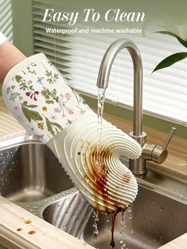 Slohif Long Silicone Oven Mitts Heat Resistant for Women - 2 Pcs Beige Floral 100% Cotton Oven Gloves, Non-Slip and Waterproof Silicone Oven Mitts with Hanger for Baking and Cooking - color: White Green