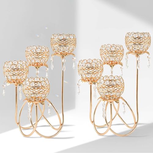 4 Arms Crystal Candelabra Tealight Holder - Tall 15.7 Inch Elegant Centerpiece with Crystal Pendant Bowls & Artistic Metal Stand for Wedding, Dining Table, Home Decor (2, Gold) - color: Gold