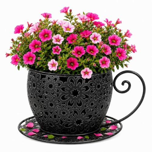 Coffee Cup Planter Pot Metal Teacup Flower Pot for Indoor Outdoor Garden Patio Decor, Vintage Hollow Floral Pattern with Saucer and Handle, Stable 10 Inch Wide Base, Black - color: Black