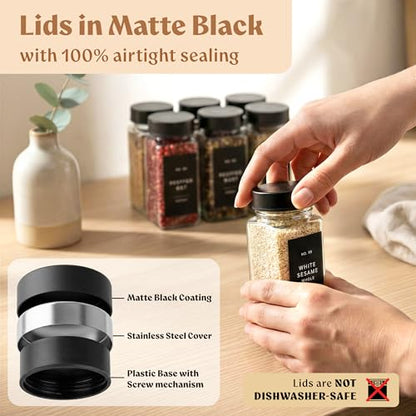 Square Glass Spice Jars (24 x 4oz) with Black Lids + Magnetic Spice Rack for Refrigerator (Fits 12 Jars) + Bonus Slim Auxiliary Rack, 240 Labels, Shaker Inserts, Funnel - color: Black Stainless Steel Lid + Magnetic Rack