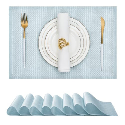 Leetaltree Woven Vinyl Placemats Set of 8, Mist Blue Sequin | Waterproof & Washable Dining Table Mats for Wedding, Anniversary, Daily Use, Hand-Cut, Easy to Clean - color: 00- Mist Blue Sequin, size: Set of 8