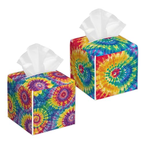 2 Pcs Tissue Box Cover Square Leather Tissue Case Holder Facial Paper Organizer Decorative for Bathroom Kitchen Car Office Home Decor (Tie-dye) - color: Tie-dye