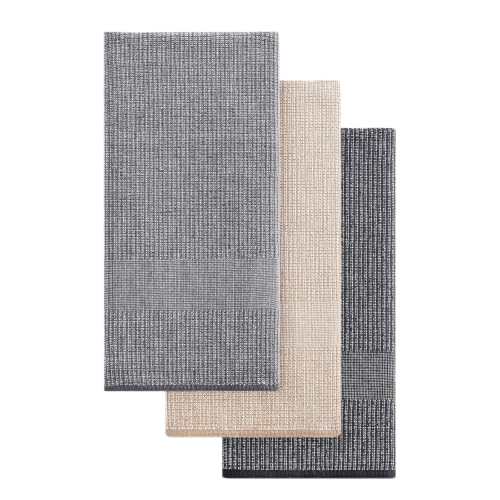 Mordimy Cotton Kitchen Towels (18"x 28", 3 Pack), Grey/Khaki/Black | 100% Ring Spun Cotton, Super Absorbent, 380 GSM, Flat & Terry, Soft, Hanging Loop Dish Towels - color: Grey/Khaki/Black, size: 18"x28" - 3 Pack