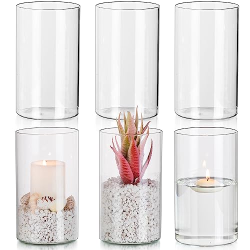 Glasseam Hurricane Glass Candle Holder Set of 6, Cylinder Clear Candle Holders for Pillar Candles, Modern Cylinder Vases for Floating Candles, Vases for Centerpiece Wedding Table Decorations, 6inch | 6inch H, Clear, Pillar Candles Vase, Floating, Flower,