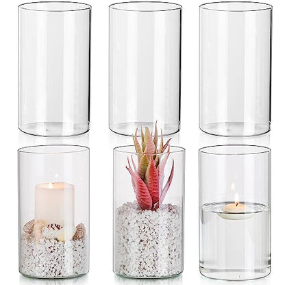 Glasseam Hurricane Glass Candle Holder Set of 6, Cylinder Clear Candle Holders for Pillar Candles, Modern Cylinder Vases for Floating Candles, Vases for Centerpiece Wedding Table Decorations, 6inch | 6inch H, Clear, Pillar Candles Vase, Floating, Flower,