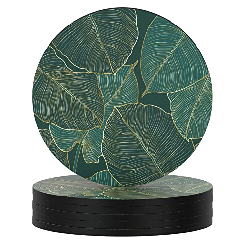 Coasters for Drinks, Set of 6 Absorbent Rubber Drink Coasters for Cup | Set of 6 Cute Absorbent Rubber Drink Coasters for Cup with Non Slip Backing, Kitchen Home Decor Housewarming Gift, Round 4 in - color: Tropical Leaf
