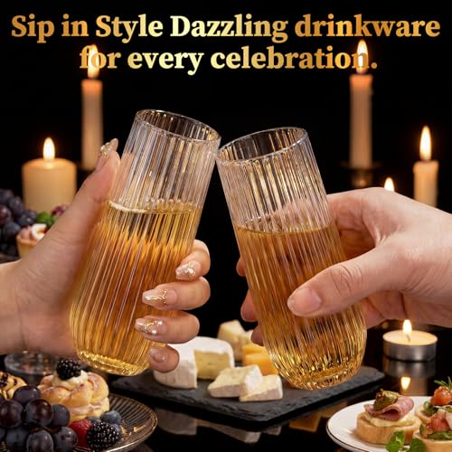GuanQiao 12 Pack Stemless Plastic Champagne Flutes, 9oz Ribbed Disposable Champagne Glasses. Heavy Duty Shatterproof Mimosa Glasses for Party Wine Tasting Wedding New Years Eve Party Supplies - color: Clear, size: 12-pack