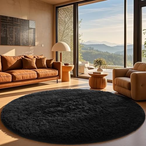Ophanie Round Rug 8Ft Black Circle Area Rug, Room Decor for Men, Fluffy Fuzzy Bedroom Carpet, Plush Soft Shaggy Living Room Rugs for Kids Home Aesthetic, Nursery with Over 99 pcs Pile fibers - color: 3- Black, size: 8' (Round)
