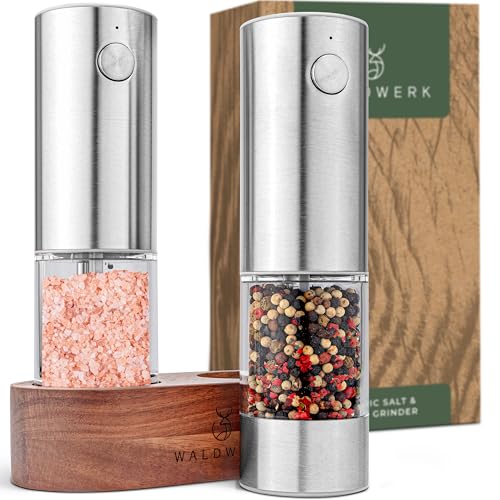 WALDWERK Electric Salt and Pepper Grinder Set (300 mAh Rechargeable Battery) - Salt and Pepper Shakers with Elegant Acacia Wood Stand – Rechargeable Automatic Salt and Pepper Grinder Set