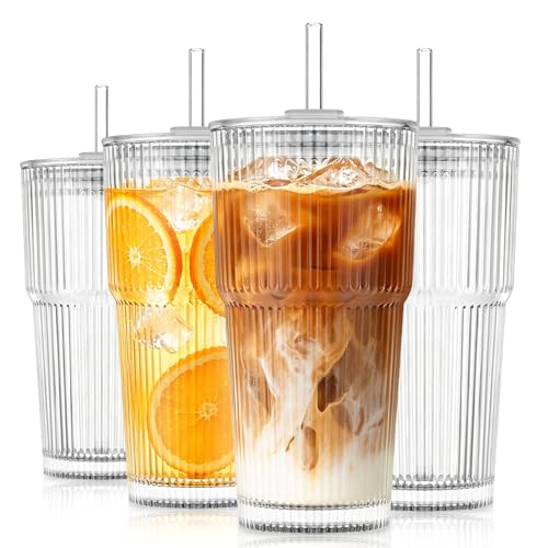 KEMORELA 20oz Ribbed glass cups with lids and straws, Iced Coffee Cups | Reusable thick-wall glass, Leak-Proof Lids, Fits Most Car Cup Holders, For Iced Coffee and Cold Drinks, With Cleaning Brush - size: 20oz 0.3"straw