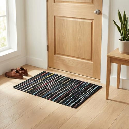 Chindi Kitchen Rug 2x3 Feet - Dark Multi | Cotton Small Throw Rugs for Entryway, Easy Care Black Hand Woven Mat - color: Dark Multi Hoisery, size: 2 x 3 feet