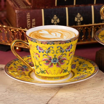 KAMMAK Tea Cup and Saucer, Ceramic Coffee Cups, 7.8oz, Set of 2 | Porcelain Tea Cups with Saucers for Coffee and Cappuccino, Ideal for Breakfast, Afternoon Tea and Entertaining,623N - style: 623N