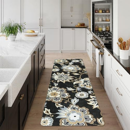 Lahome Floral 2x5 Washable Rug Runner - Black Entryway Kitchen Runner Rug Non-Slip Ultra-Thin Stain Resistant, Paisley Print Accent Carpet for Hallway Bedroom Laundry Living Room | Non-Slip Ultra-Thin Stain Resistant Paisley Print Accent Carpet for Hallwa