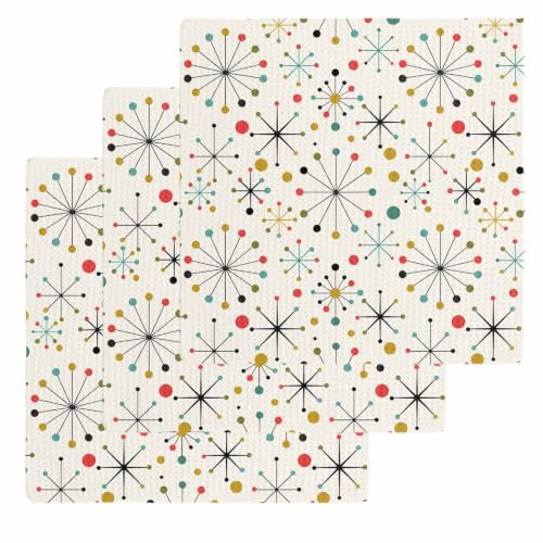 Middle Century Dish Towels Set, Waffle Weave Kitchen Towels 3 Pieces, Geometric Modern Abstract Vintage Microfiber Hair Face Bath Tea Towel Absorbent Quick Drying Cleaning Dish Cloths, 12"x12" - size: 3PCS,12"x12"