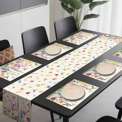 WADORN Vintage Wildflower Table Runner and Placemats Set of 6, Watercolor Floral Butterfly Washable Kitchen Dinning Table Decoration Seasonal Spring Summer Holiday Dining Settings for Home Kitchen - size: Vintage Wildflower Butterfly