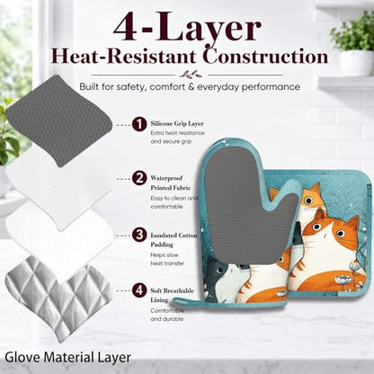 Cute Cartoon Cat Oven Mitts and Pot Holders Sets Funny Cat Silicone Heat Resistant Kitchen Oven Gloves Pot Holder for Cooking Baking Grilling BBQ - color: Cute Cartoon Cat