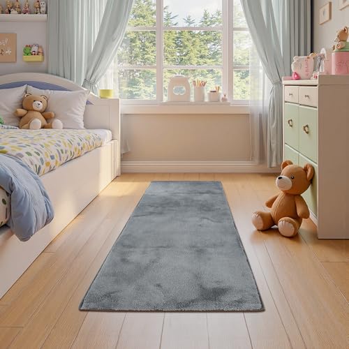 jinchan 2x5 Solid Plush Runner Rug Shaggy Washable Hallway Rug, Grey | Soft, Cozy, Non-Slip, Modern, Faux Wool, Performance Rug, Floor Carpet, Entryway, Bathroom, Kitchen, Laundry Room, Bedroom - color: Solid Grey, size: 2' x 5' (Rectangular)