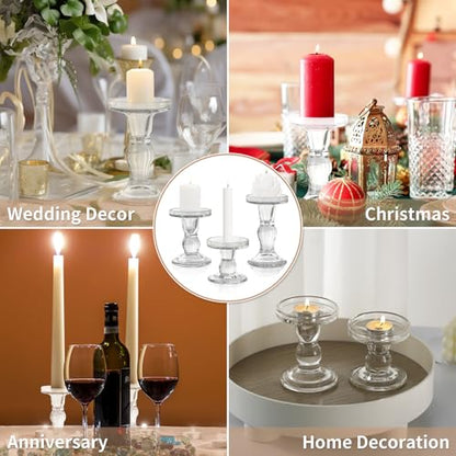 GUTE Glass Candle Holders 3 Pcs Crystal Clear Candlesticks Table Decor | Pillar/Taper/Tealight Candle Compatible,Thickened Crystal Glass,Stable Base,Wedding Centerpiece,Party,Dining Room,Decor