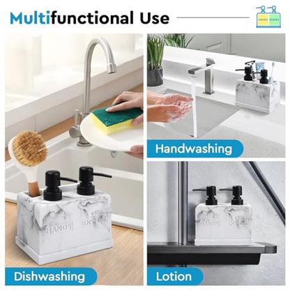Kitchen Soap Dispenser Set,with Liquid Hand and Dish Soap,Sponge Holder and Brush Holder 4-in-1 Dual Soap Dispenser Set for Kitchen Sink, Bathroom - Artificial White Marble Look - color: 4 in 1 - White Marble Look