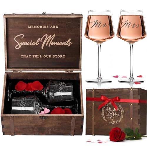 Mr & Mrs Wine Glasses Gift Set with VINTAGE Memory Box – Engagement, Wedding & Newlywed Gifts for Couples, Just Engaged Gifts for Women - style: Modern Glasses + Box