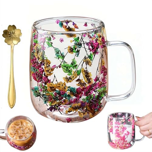 Double Wall Glass Coffee Mugs,Creative Clear Glass Cups with Handle Flowers Double Insulated Cup for Hot Cold Beverages Cappuccino Latte, Heat-Resistant Floral Glasses for Home & Gift Use (Color1) - color: Color1, size: 13 Ounces