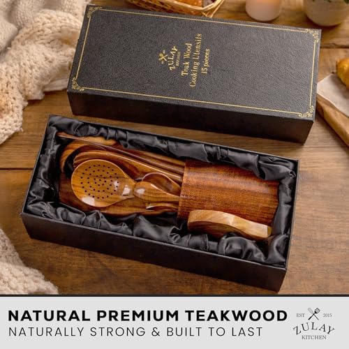 Zulay Kitchen 15-Piece Teak Wooden Utensils for Cooking - Natural Teak Utensil Set with Premium Gift Box - Non-Stick Wooden Spoons for Cooking - Kitchen Gift Set - Comfortable Grip Wooden Utensil Set - size: 15 Piece | Gift Box