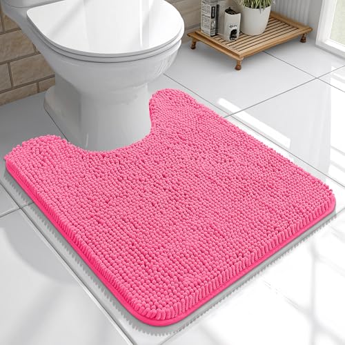 OLANLY Toilet Rugs U-Shaped 20x20, Soft Absorbent Chenille Contour Rugs | Hot Pink, Quick-Drying Rubber Backing, Machine Washable Non-Slip Shaggy Bathroom Mat for Toilet, Home Decor Accessories - color: Hot Pink, size: 20" X 20" Contour Rug