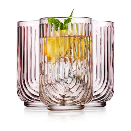 Glaver's Vintage Glassware Art Deco Glasses Ribbed Drinking Glasses U-Shape Arch Design Colored Cocktail Kitchen Tumblers Everyday Dinner Decorative Party Hand-Wash Only (Pink S/4 17oz) - style: Pink S/4 17oz
