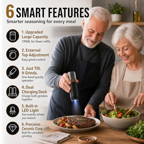 Gravity Electric Salt and Pepper Grinder Set, Rechargeable Automatic Mills with Charging Base, 6-Level Adjustable Coarseness, LED Light, Matte Black, 2-Pack