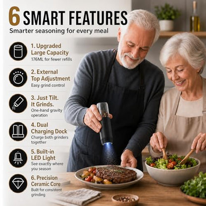 Gravity Electric Salt and Pepper Grinder Set, Rechargeable Automatic Mills with Charging Base, 6-Level Adjustable Coarseness, LED Light, Matte Black, 2-Pack