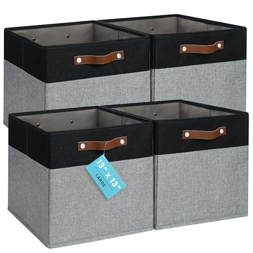 OrganiHaus 13x13 Cube Storage Bins, Set of 4 - Fabric Storage Cubes | Sturdy, holds its shape; odor-free; fits IKEA Kallax and Expedit; vegan leather handles - color: Gray Base / Black, size: (13x13) Leather Handles